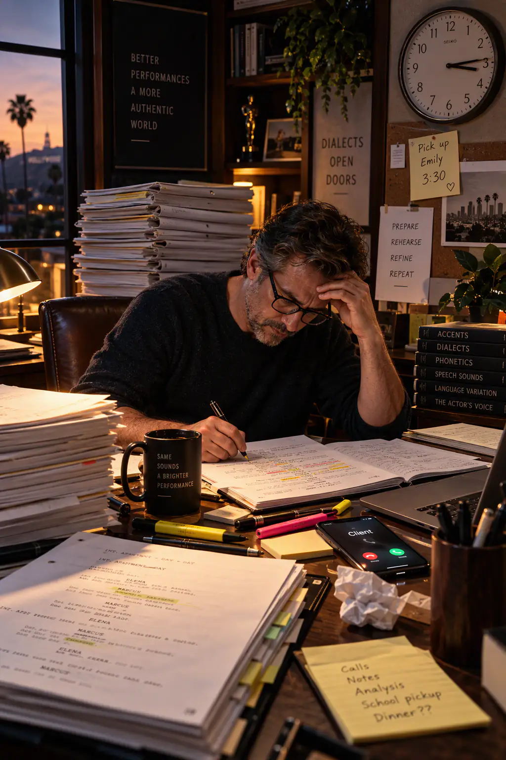A Hollywood dialect coach manually reviewing and annotating screenplay pages while managing a backlog of scripts and reference materials